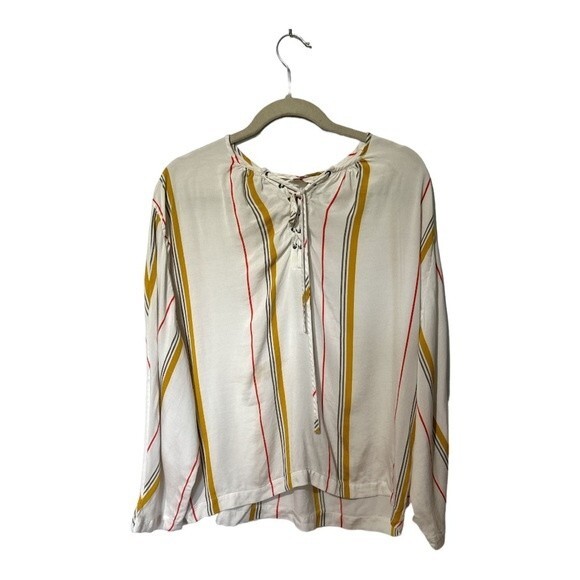 FRAME Le Raglan Lace Up Top in Saffron Summer Stripe Size L - Picture 2 of 6